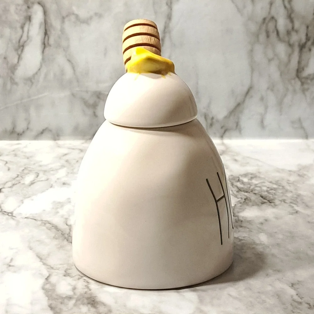 Rae Dunn Ceramic HONEY‎ Pot/ Jar With Wooden Honey Dipper  & Yellow Bee Lid